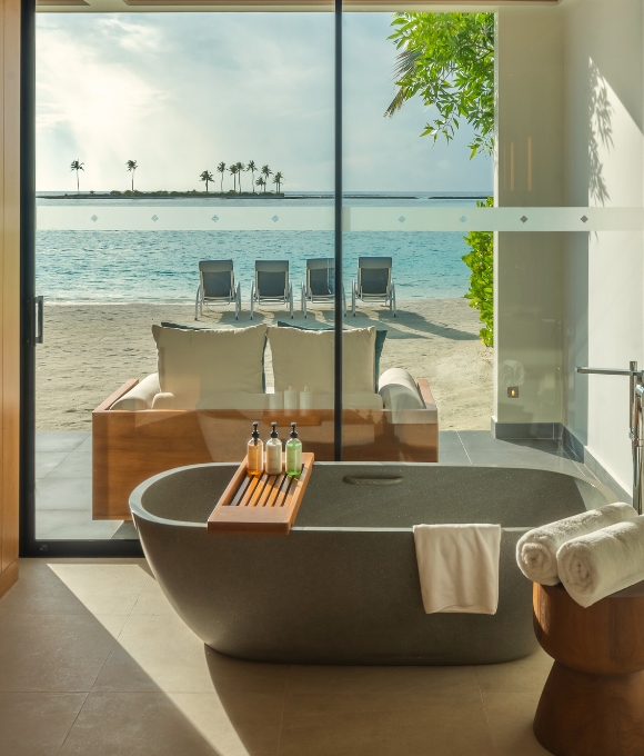 Two Bedroom Beach Pool Villa bathroom interior at Kuda Villingili Resort Maldives