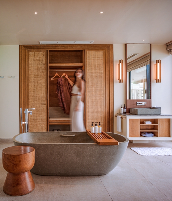 Sunrise Water Villa bathroom at Kuda Villingili Resort Maldives