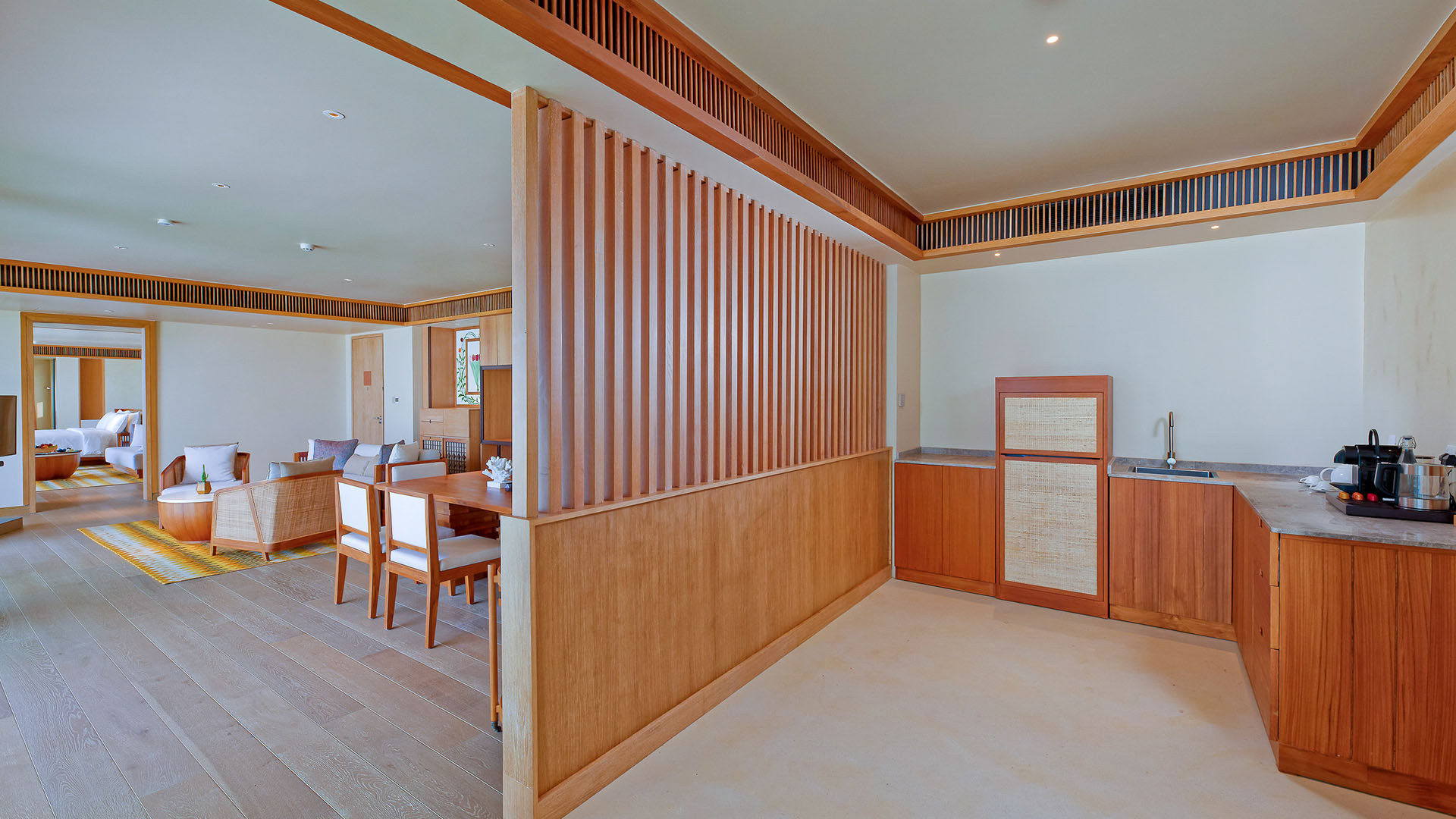 Modern kitchen and living area of a villa at Kuda Villingili Maldives