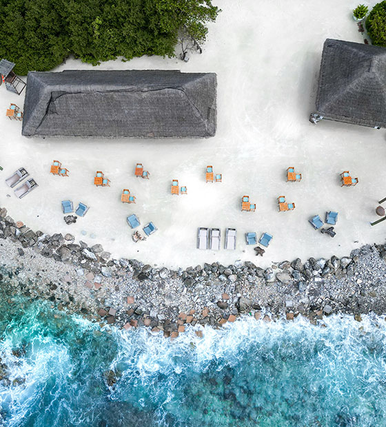 Sky view of Kuda Villingili Resort and beach in Maldives