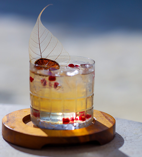 Refreshing cocktail garnished with a leaf and dried fruit at Raalhu Bar