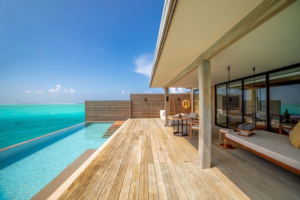 Angled view showcasing the design of Kuda Villingili Maldives Hotel