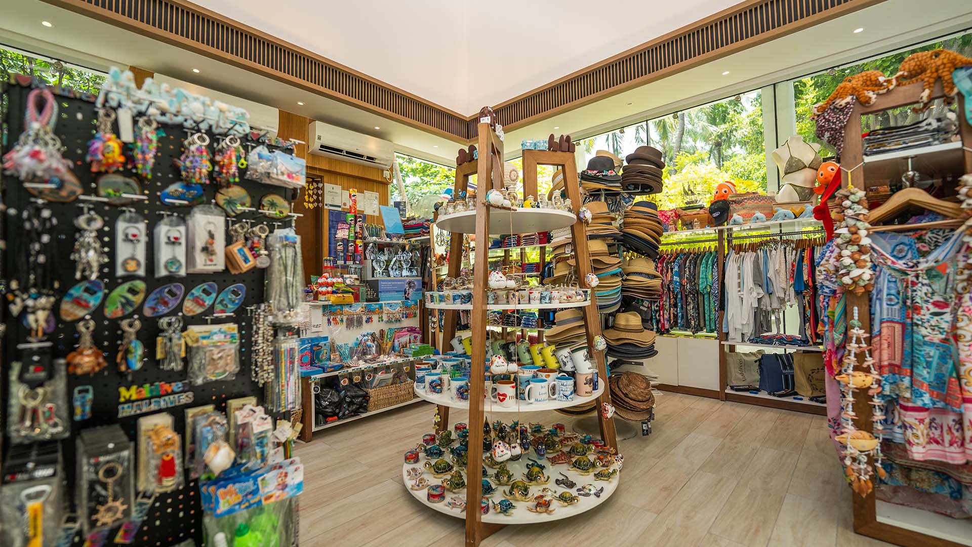 Various items displayed on shelves at the shopping village in Kuda Villingili